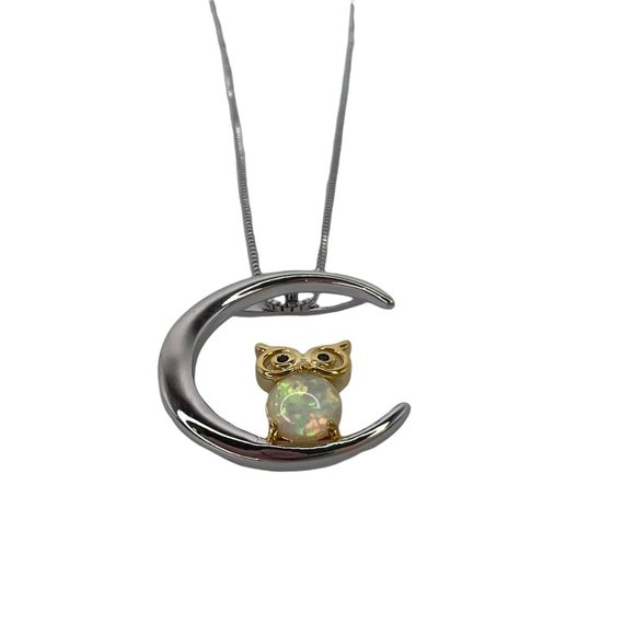 Opal Owl Sitting in Crescent Moon Necklace Charm with Chain 10 in Animal Lovers - Picture 2 of 7